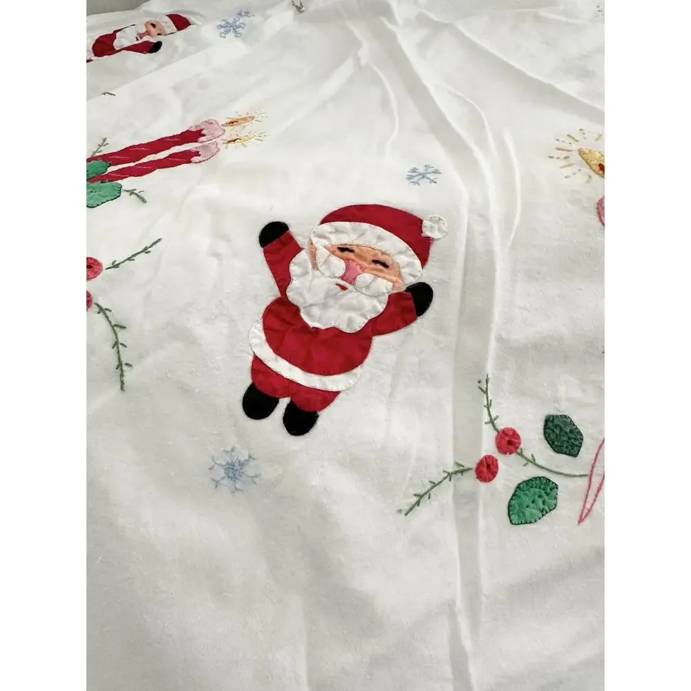 Vtg 50s White Hand Embroidered Christmas Appliqué Tablecloth Santa Rectangular